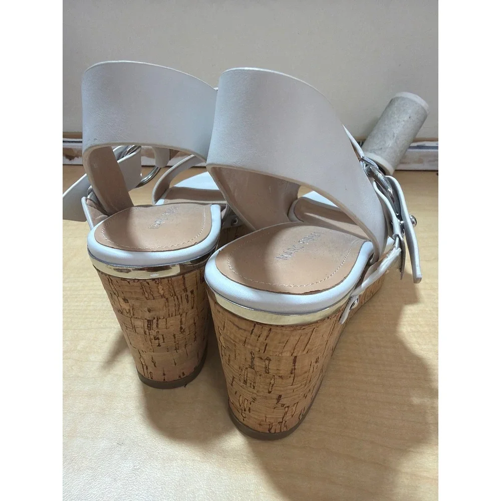 Marc Fisher White Leather Cork Platform Wedge Sandals Silver Studs Womens 7.5M
